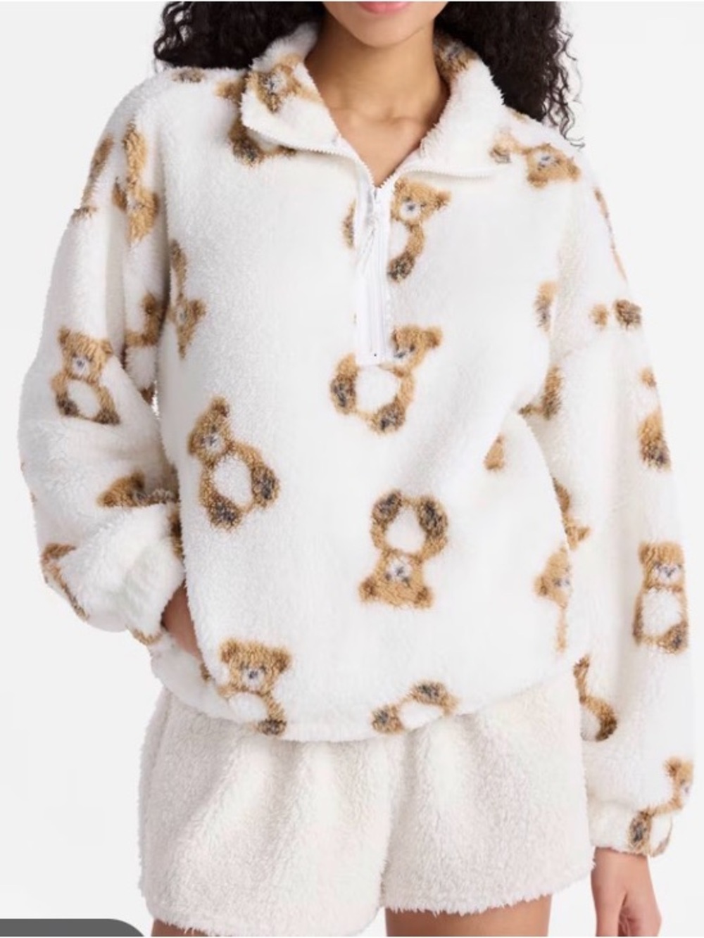No Boundaries Teddy Bear Print Plush Fleece Half-Zip Pullover Jacket Cozy Sherpa